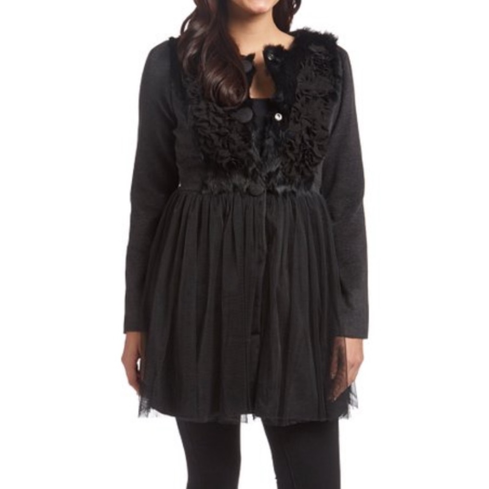 Ryu Black Ruffle-Bodice Tulle Jacket With Rabbit Hair 
Size Small